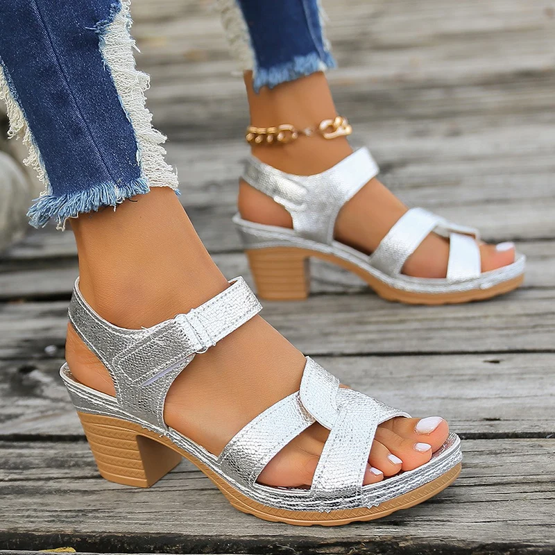 Lightweight Chunky Heels Sandals for Women Summer 2024 Gold Silver Gladiator Shoes Woman Comfort Med Heeled Platform Sandalias