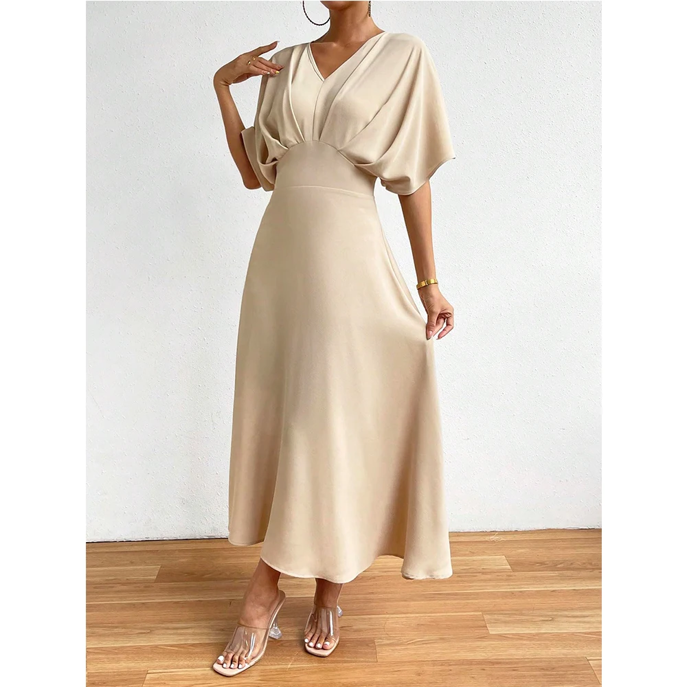 

Customized Women's V Neck Half Evening Dresses Sleeve Ruched Cocktail Evening A Line Long DressProm Gown