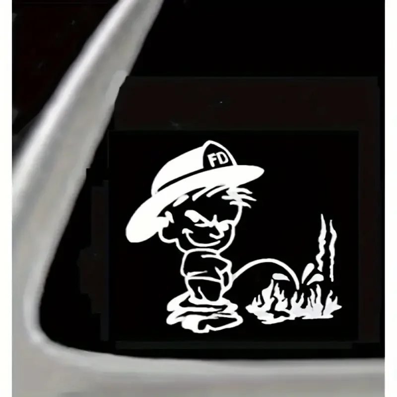 Humorous Firefighter Kid Putting Out Flames Vinyl Decal - Waterproof, high quality Easy-Apply Sticker for Cars & Trucks PVC