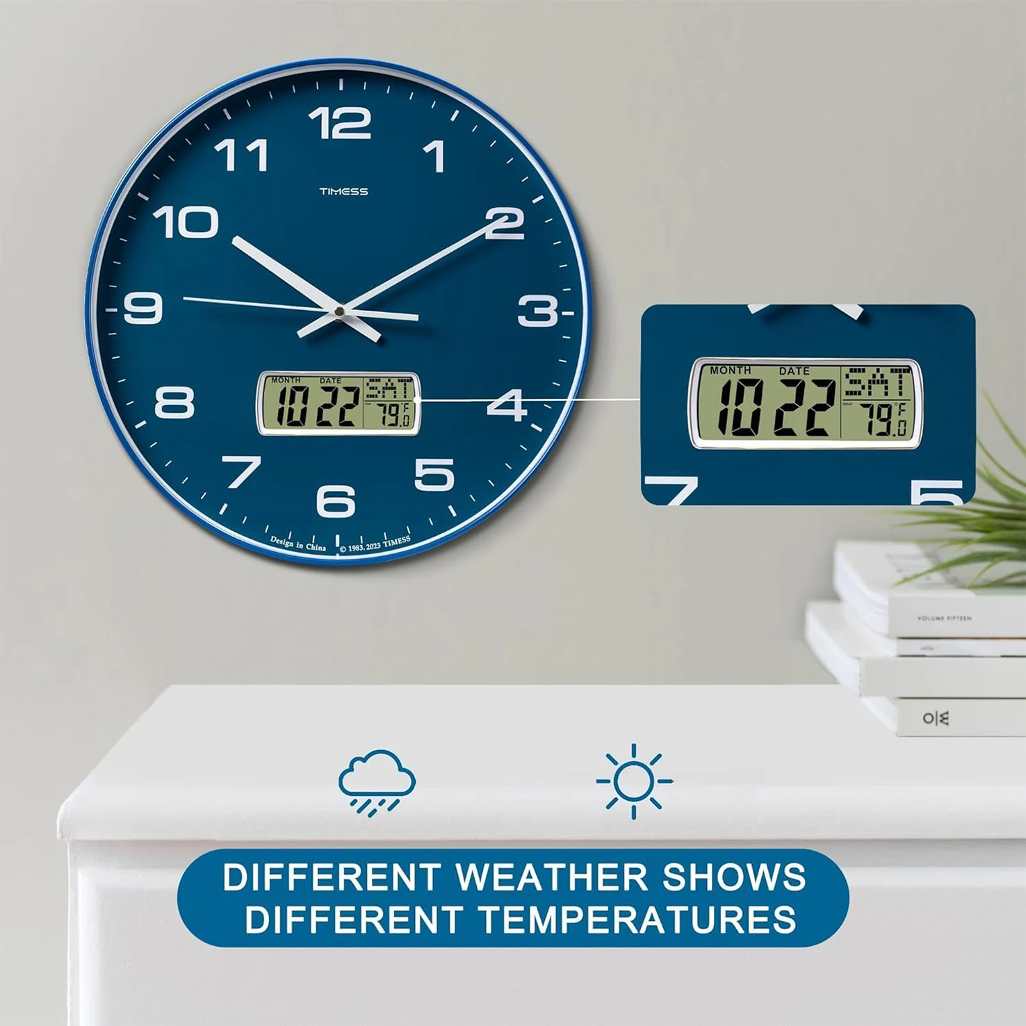 TIMESS Calendar Wall Clock,3 Sizes 4 Colors Optional with Calendar and Fahrenheit Temperature Display,battery Operated Minimalist Style Wall Clock