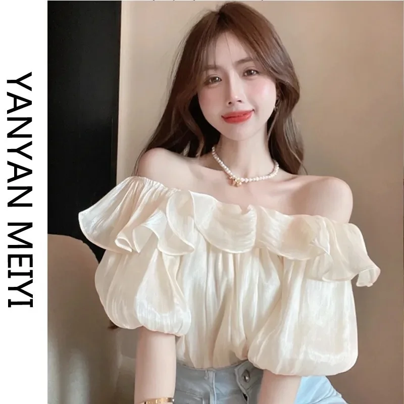 

Short Sleeve Shirts Womens Harajuku Mesh Pleated Pintuck Cropped Trendy Urban Artistic Student Youthful Statement Chic Fashion