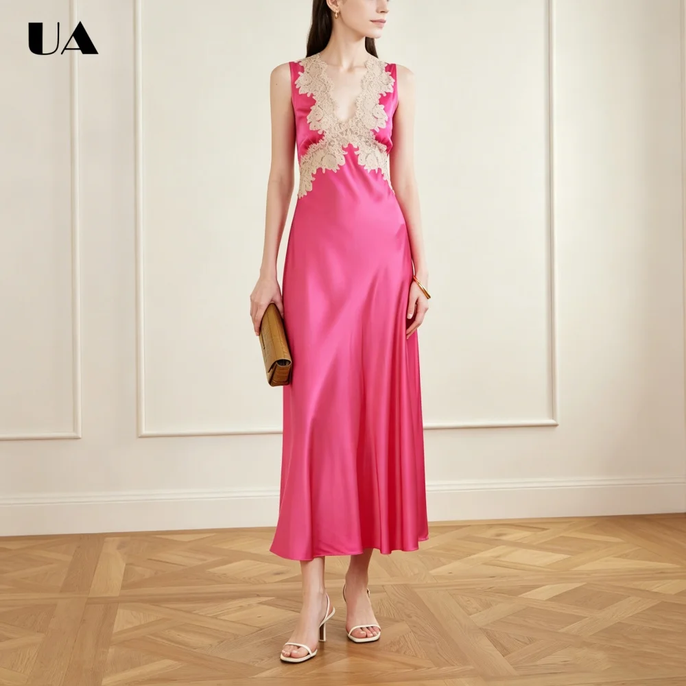 

ULBYANRY Customized Satin Backless Appliques Prom Dresses for Women, Elegant A-line Evening Dress, Classic Deep V-neck Ball Gown