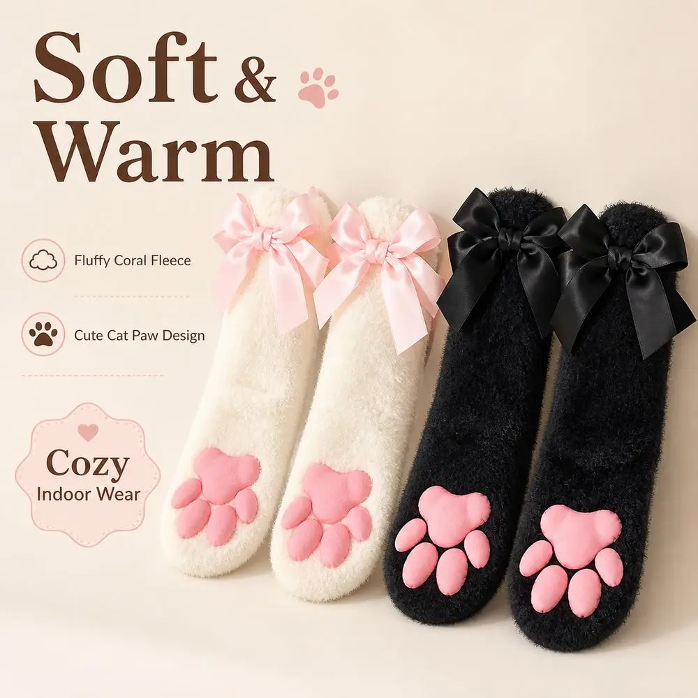 Raised Paw Pads Paw Socks Ribbon Bow Trim Finish Animal Paw Socks Warm Soft Fuzzy Texture Cat Paw Socks for Women