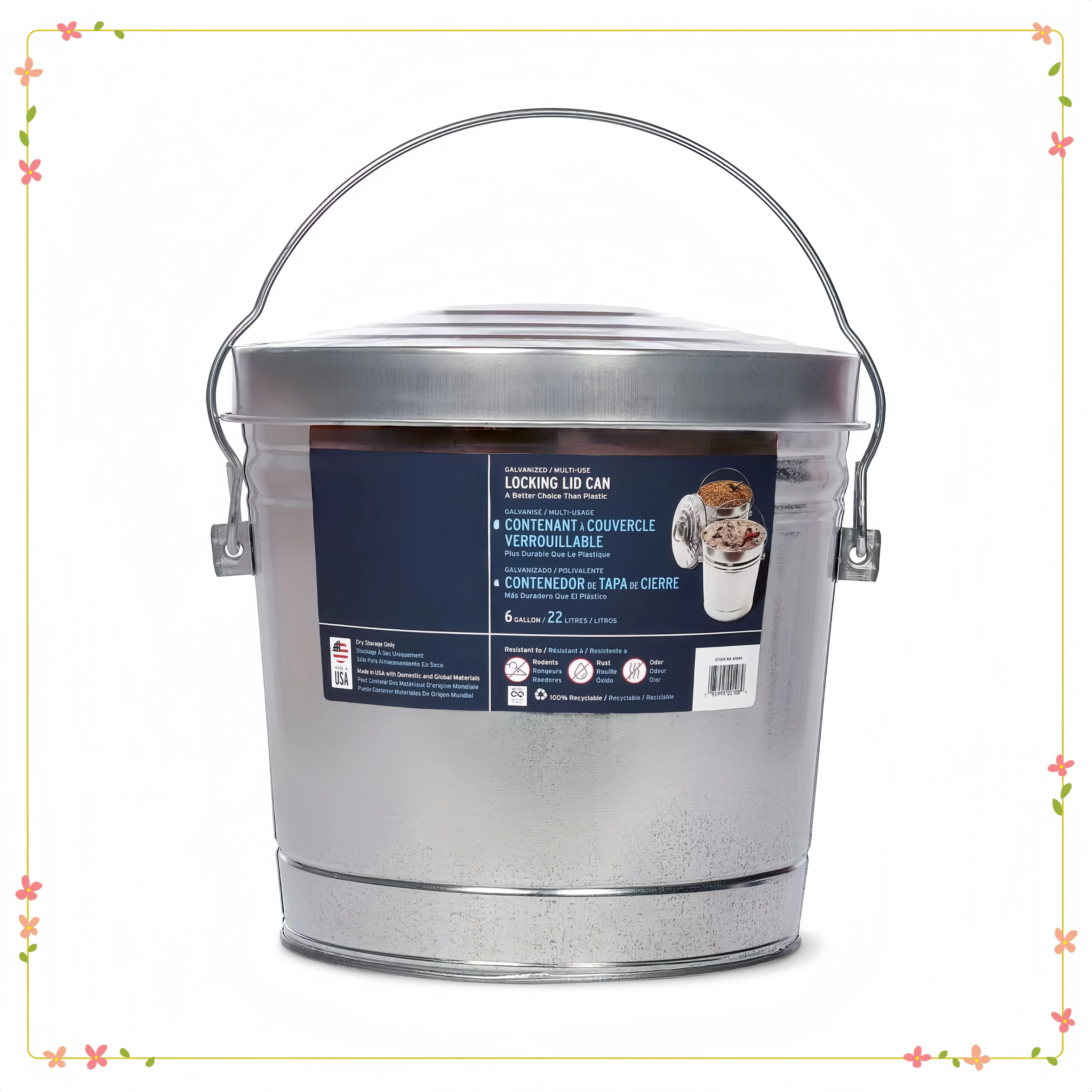 

6-Gallon Galvanized Steel Storage Can with Locking Lid, Airtight Container for Pet Food, Bird Seed & Dry Goods