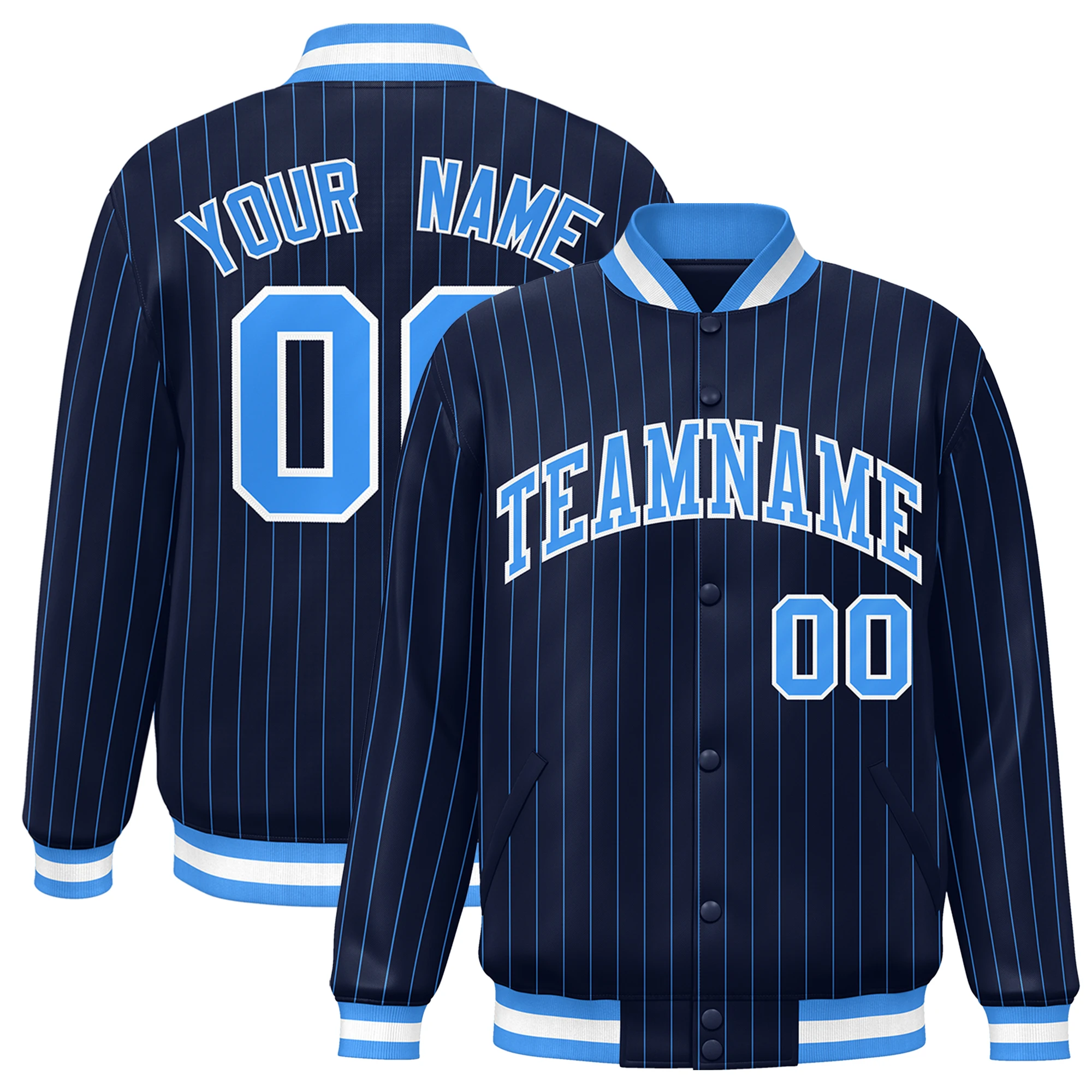 Custom Baseball Jacket Pinstripe Full-Snap Stitched Text Number Logo Varsity Letterman Baseball Jacket