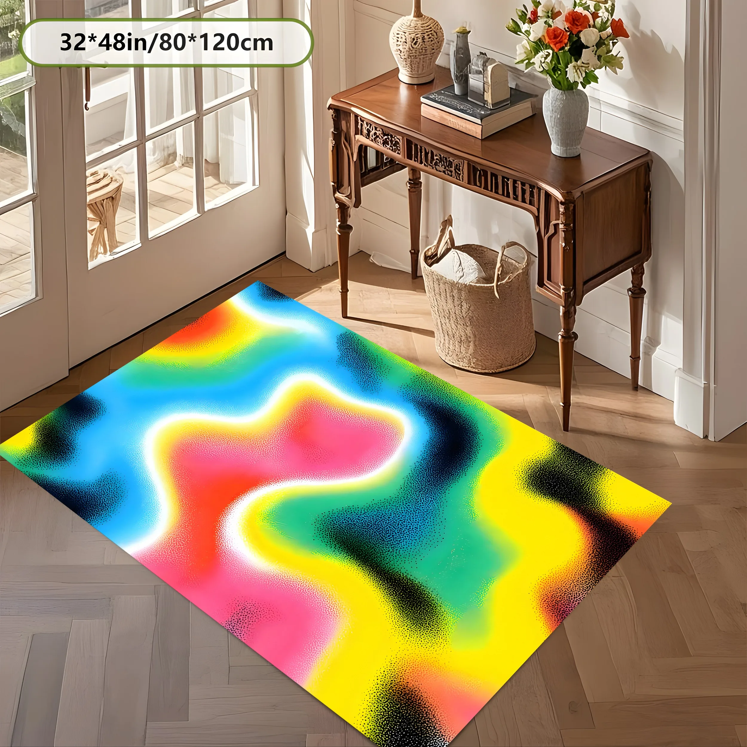 Large Area Rug Neon Gradient Flowing Wave Print Soft Velvet Comfortable Living Room Bedroom Home Decor Area Rug