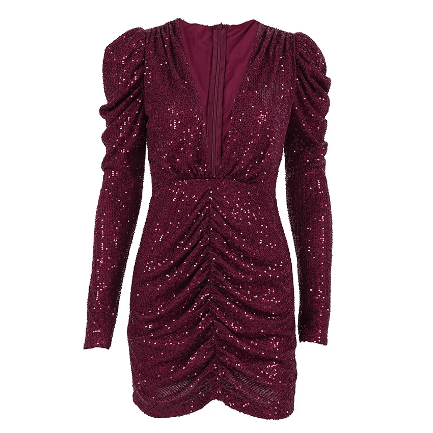 Spring New Wine Red Sparkle Deep V Dress Long Sleeve Bubble Sleeve Folded Waist Bag Hip Skirt Sexy and Elegant Evening Dress