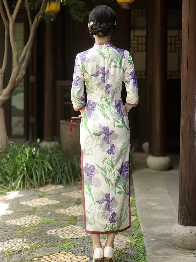 FZSLCYIYI Elegant Seven Points Sleeve Long Style Qipao Women Retro Chinese Printed Satin Young Girl Cheongsam Dress