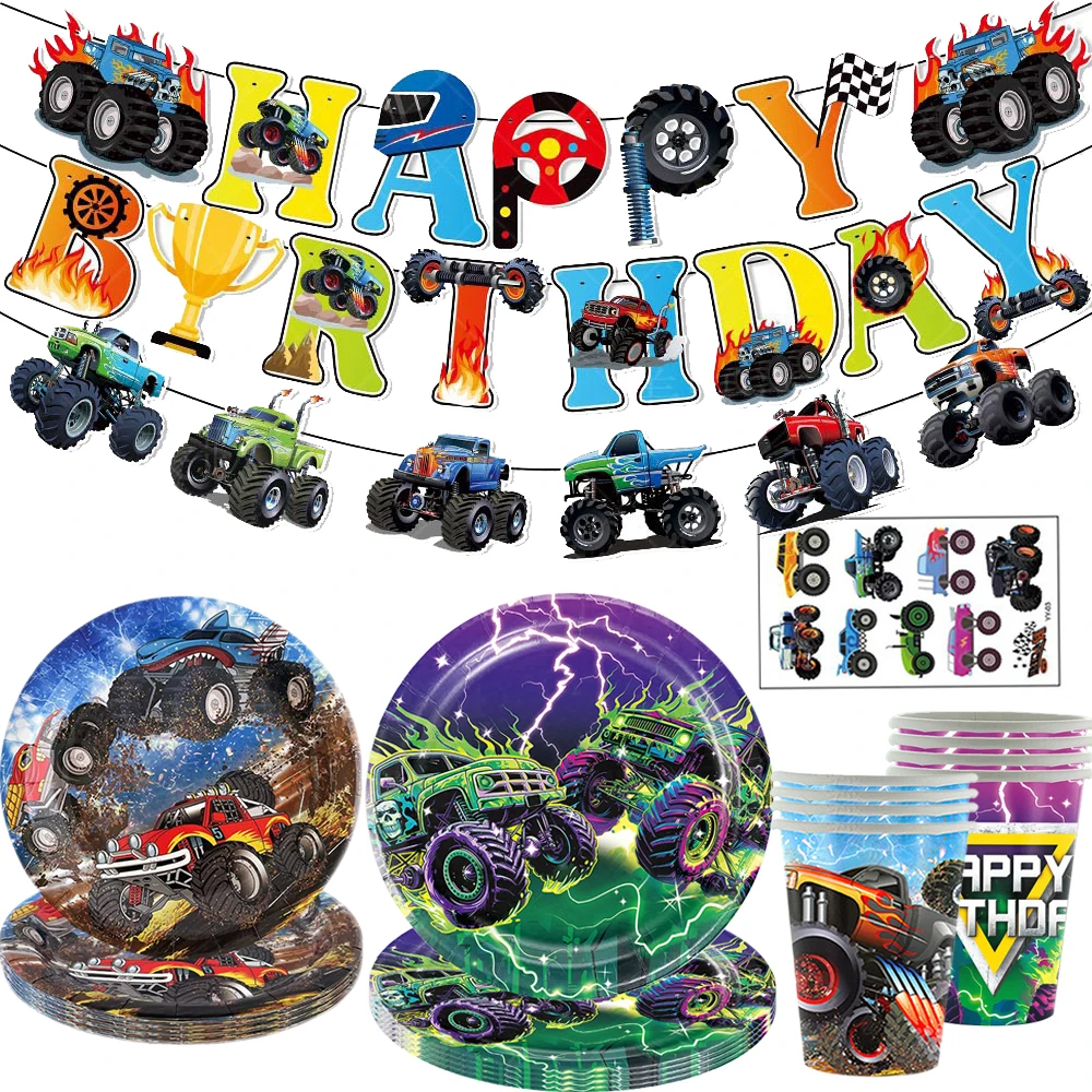 Monster Truck Happy Birthday Banner Off-road Vehicle Letters Theme Party Supplies Boys Girls Kids Birthday Party Decorations