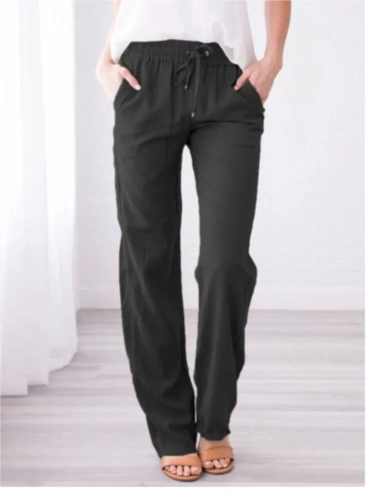 

Women Linen Drawstring Pants Elastic Waist Fit Trousers Breathable Fabric For Summer Casual Style Suitable For Beach Streetwear