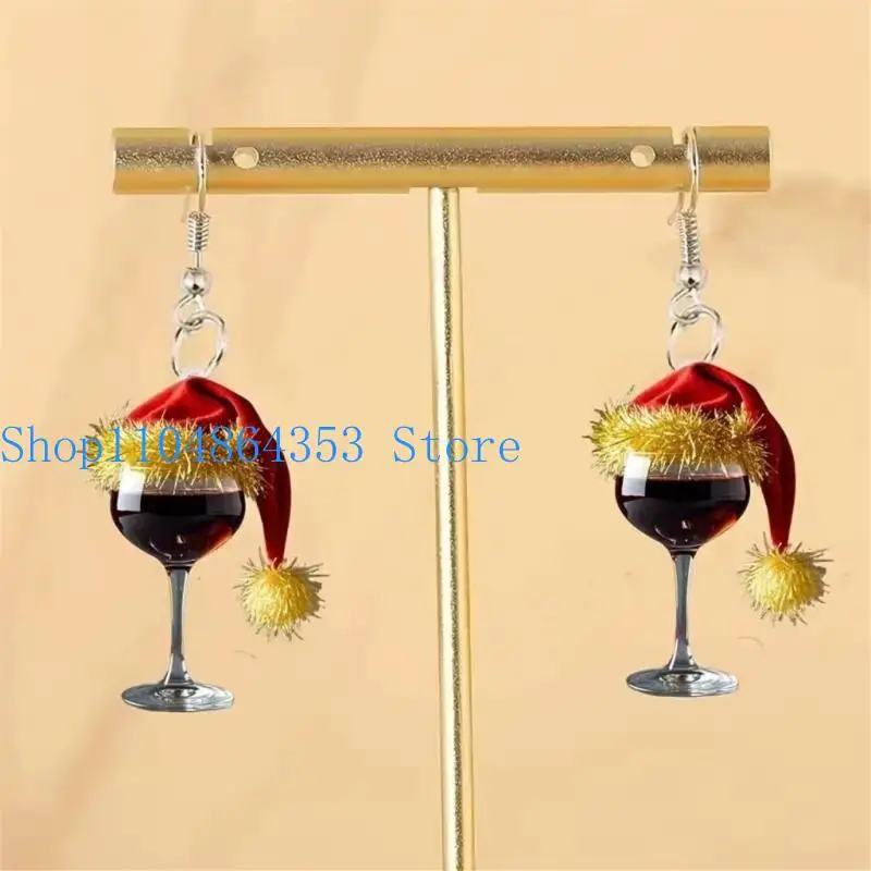 652F Christmas Hat Wine Glass Ear Hooks Fashionable Christmas Hat Earrings Charm Featuring Wine Glass Accent For Adults