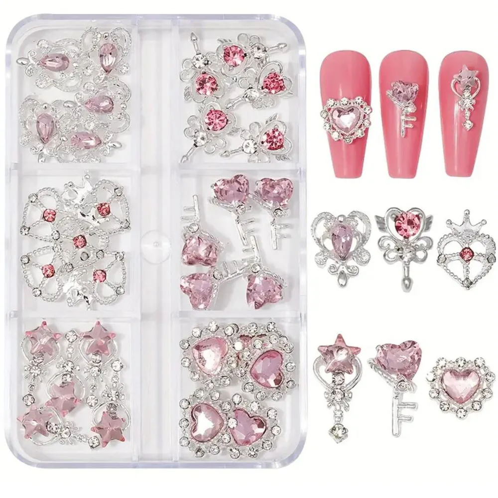 6-Grids 30pcs Pink Nail Rhinestones Silvery Base Love Heart Nail Charms 3D Crystal Glass Gems Nail Art Decorations Accessories