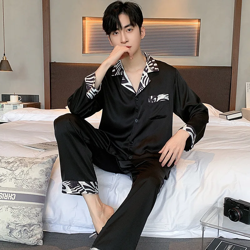 High Quality Men Pajamas Suit Spring Autumn Satin Chiffon Thin Sleepwear Long Sleev Casual Home Clothing Set Outdoor Summer Male