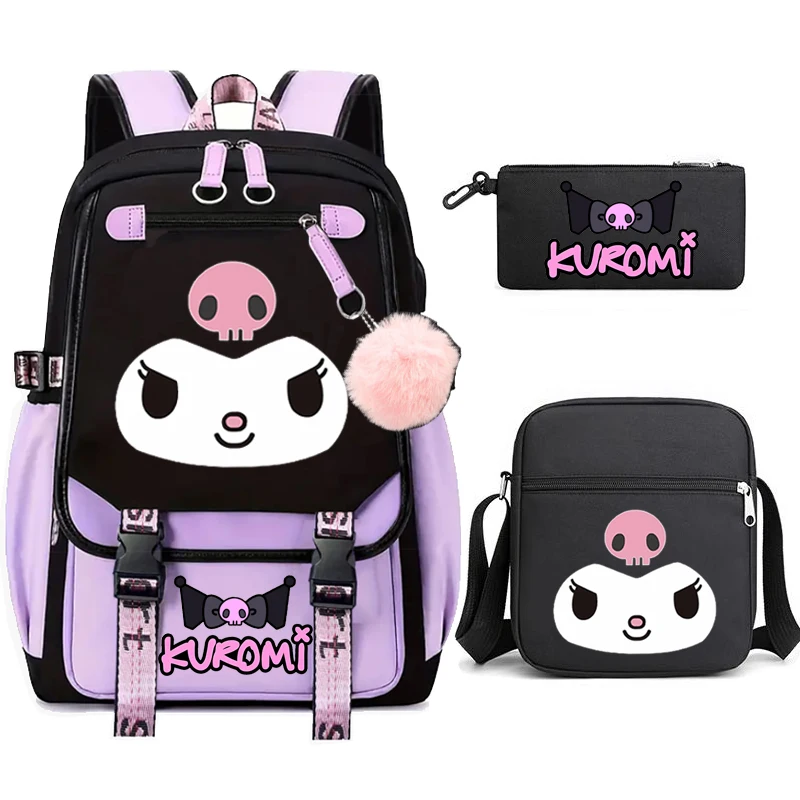 Purple Kuromi Backpacks 3pcs Teens Laptop Bag Travel Backpack for Women Large Capacity Girls USB Mochilas WIth Shoulder Bags