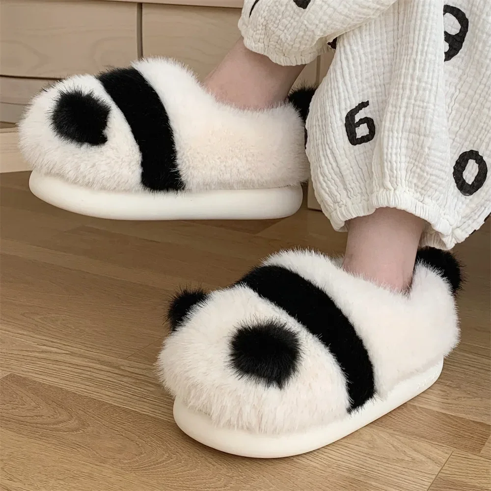 Chinelos de algodão de pelúcia para mulheres, Salto grosso, Panda bonito dos desenhos animados, Sapatos quentes, Sola macia, Casa, Ao ar livre, Inverno, Casal