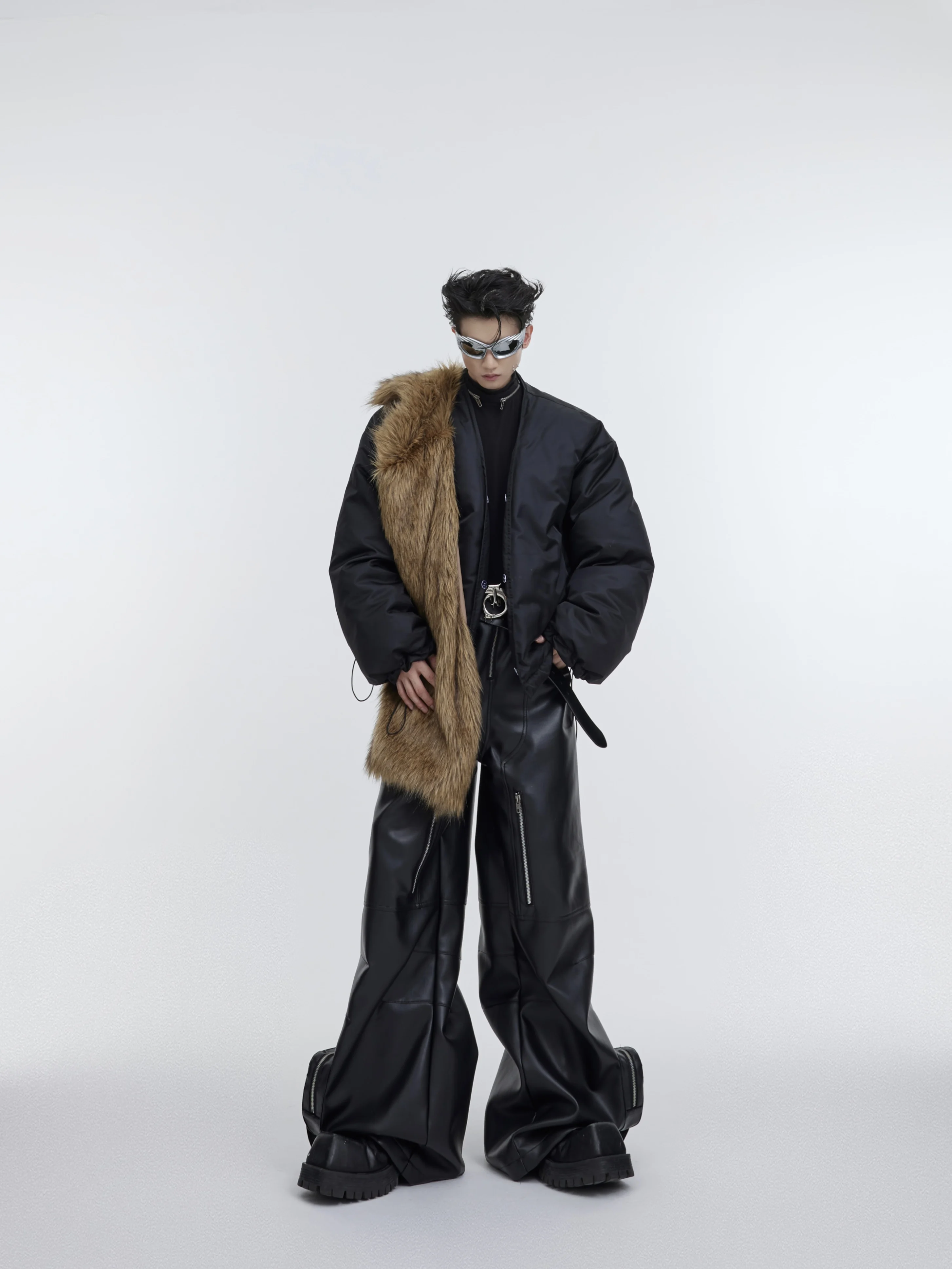 High Street Winter Warm Anti Mink Fur Neck Thick Padded Cotton Coat Men's Detachable Scarf Splicing Design Loose Fit Jacket