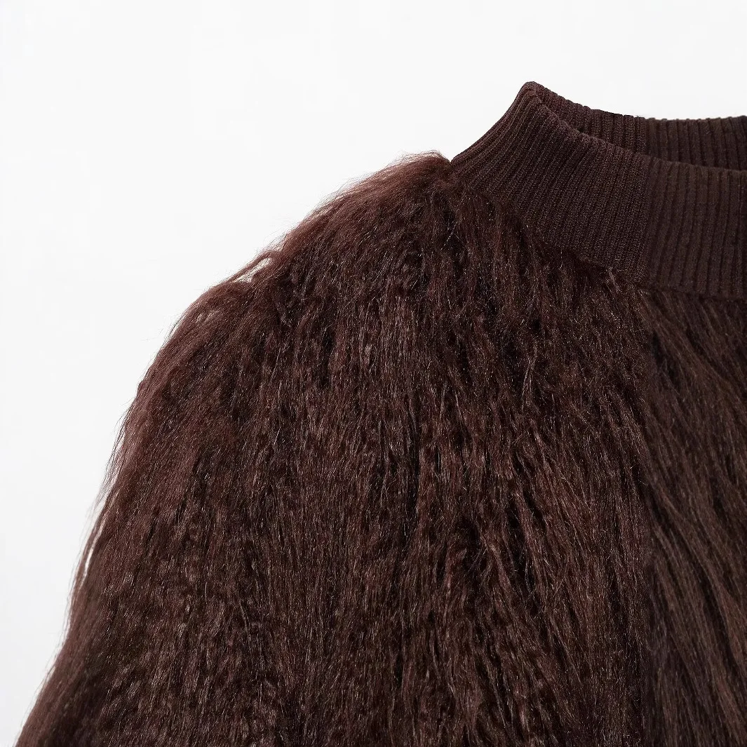 

Female Knit Eco Fur Coat Long Hair Lady Mink Fur Outwear Women's Winter Imitation Fur Jacket Round Neck Single Breasted