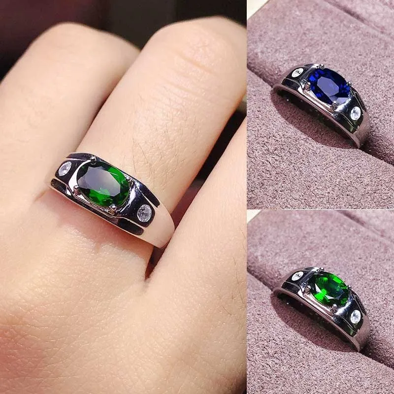 Anillo de compromiso y boda elíptico para hombres, Esmeralda azul, moda de negocios hecha a mano, plateado, Simple, diario, versátil