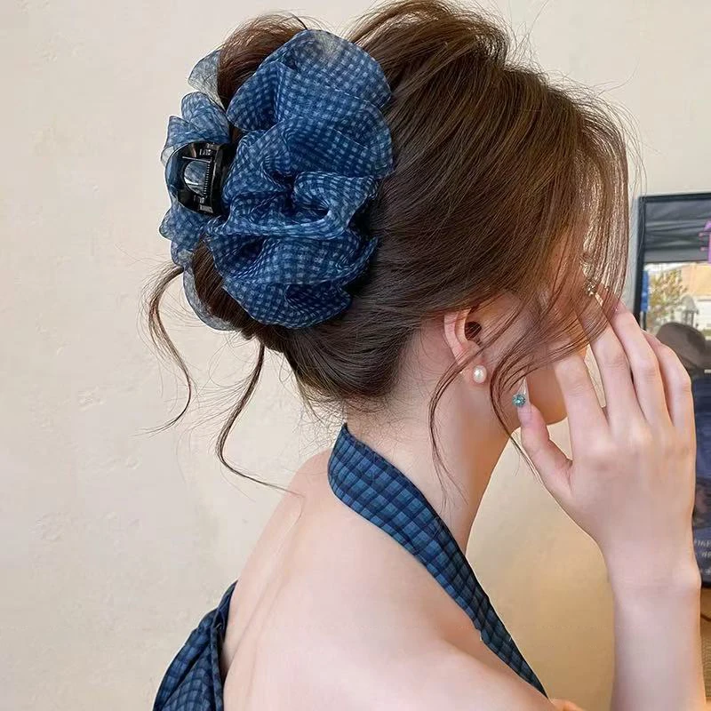 

Синяя сетчатая заколка в виде акулы, синяя клетчатая простая повседневная заколка для волос, модная милая заколка для волос, аксессуары для волос