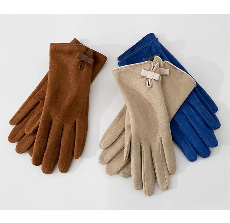 Fahion Suede Leather Bow Thicken Touch Screen Driving Warm Gloves For Sports Winter Outdoor Plus Velvet Cold Protection Women's