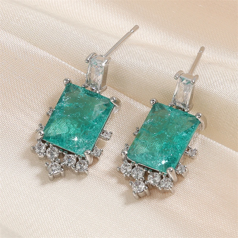 UILZ Luxury Blue Pink Rectangle Cubic Zirconia Dangle Earrings for Women Girls Fashion Jackpot Wedding Party Jewelry