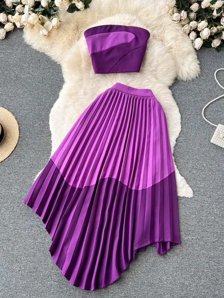 

Summer Women Sexy Pleated Two Piece Set Vacation Beach Hit Color Strapless Tops Camis + High Waist Irregular Draped Skirt Suit