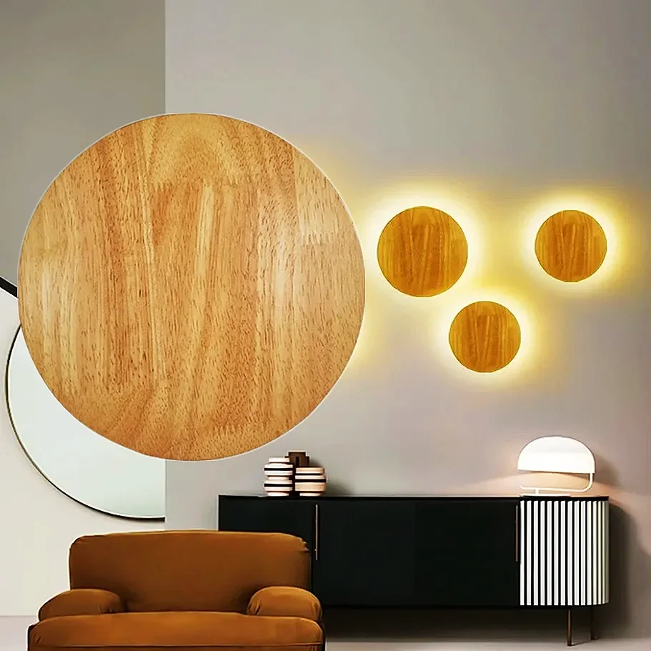 LED Simple Style Wall Lamp Wooden Craft Round Oval Shape With Light Source Wall-Mounted Indoor Lighting Simple Style Wall Lamp