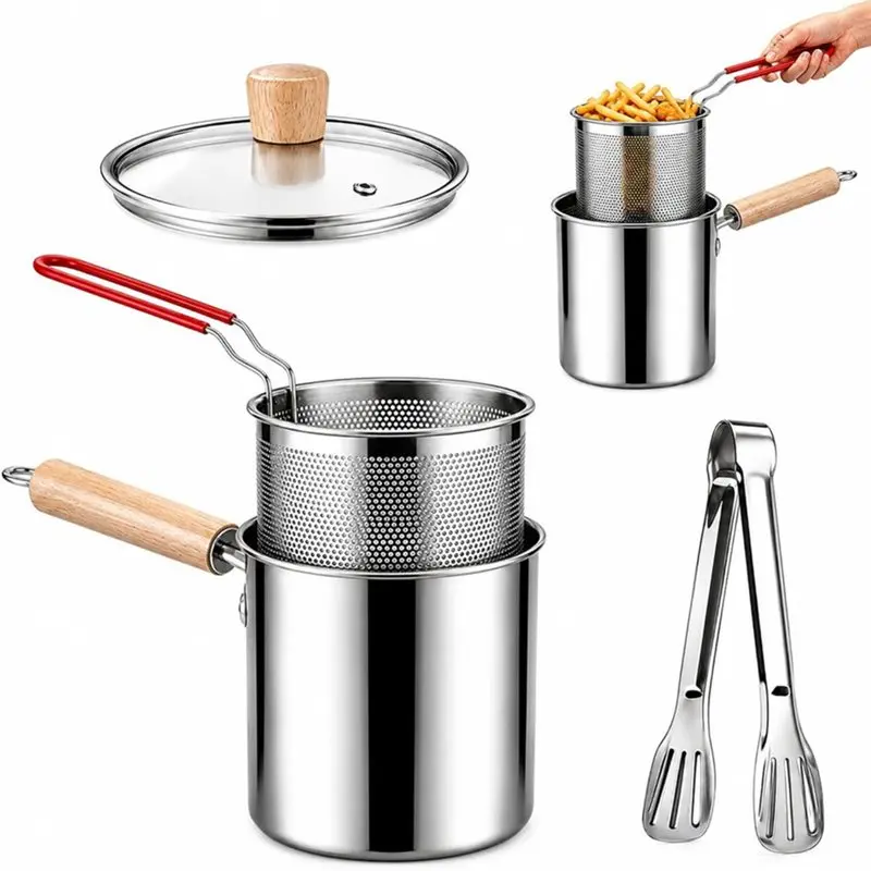 ABRU-3L Deep Multifunctional 304 Stainless Steel Fryer With Basket Lid And Tongs Deep Fryer Set For Fried French Chicken