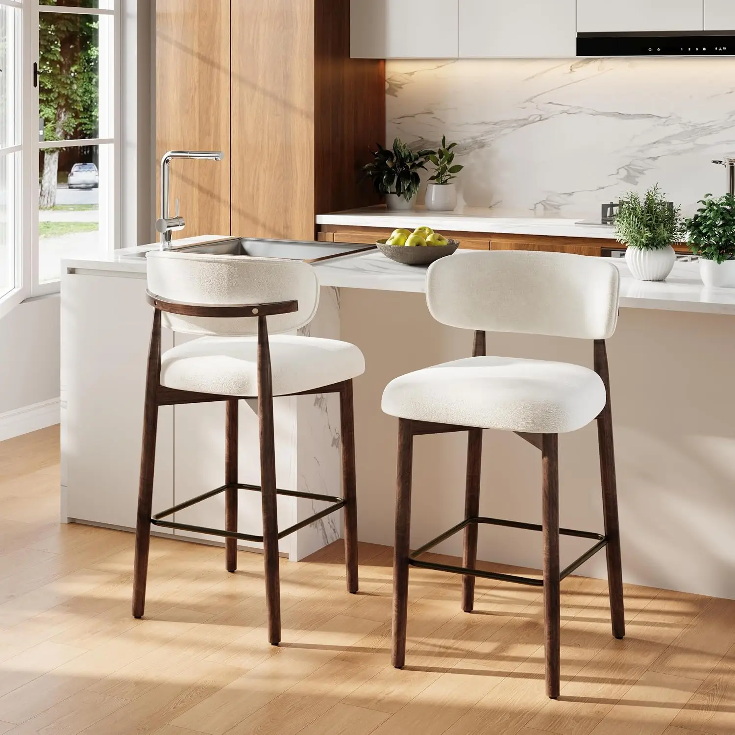 26-Inch Counter Height Bar Stools Set of 2, Modern Linen-Upholstered Bar Stools with Curved Back, Wood Legs & Metal Footrest for Kitchen Island, Dining Room, Patio Bar, Cream
