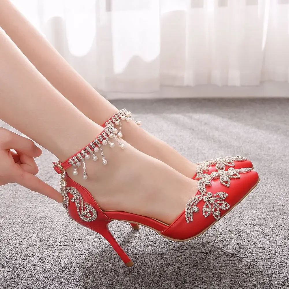 9cm fine heel pointed rhinestone bead fringe sandals, bridal wedding dress, foreign trade plus size red leather shoes