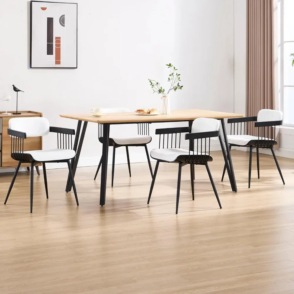 

Beige Dining Chairs Set of 2 Modern Upholstered Fabric Kitchen Chairs with Arms, Mid-Century Dining Room Chairs with Black Metal