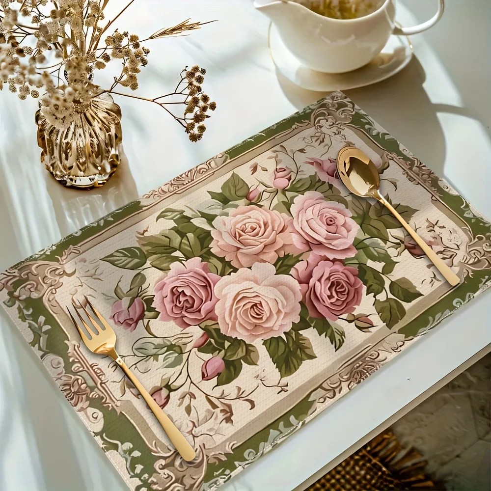VIKAMA European Pink Rose Placemat Retro Floral Border Linen Table Mat Elegant Heat Resistant Dining Table Decoration