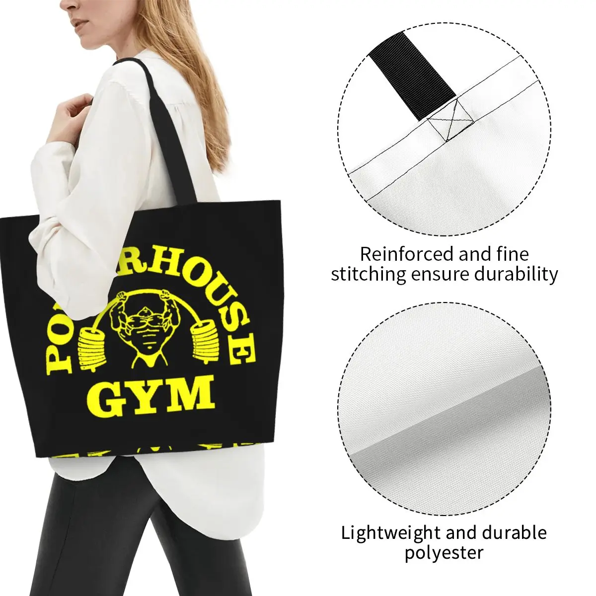 Divertente stampa gialla Powerhouse Gym Tote Shopping Bag borsa a tracolla in tela portatile Fitness Building Muscle Handbag