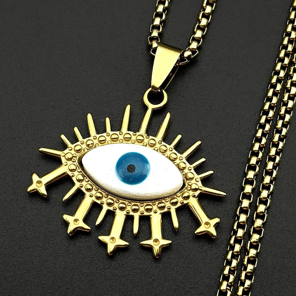 Vintage-Halskette mit bösem Blick-Anhänger für Damen und Herren, Edelstahl, goldfarben, Glücksamulett, Teufelsblau-Augen-Kette, Schmuckgeschenk – Detail 4