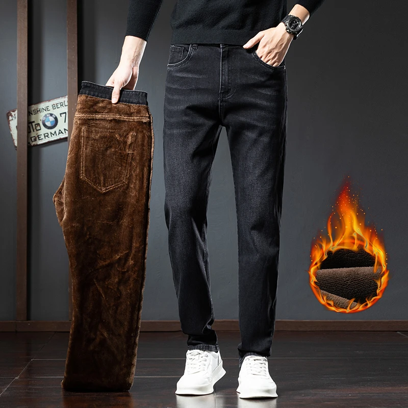 أزياء الشتاء الرجال الصوف الجينز تمتد سميكة الدافئة مريحة سراويل جينز عارضة المخملية الكلاسيكية الذكور الملابس السراويل