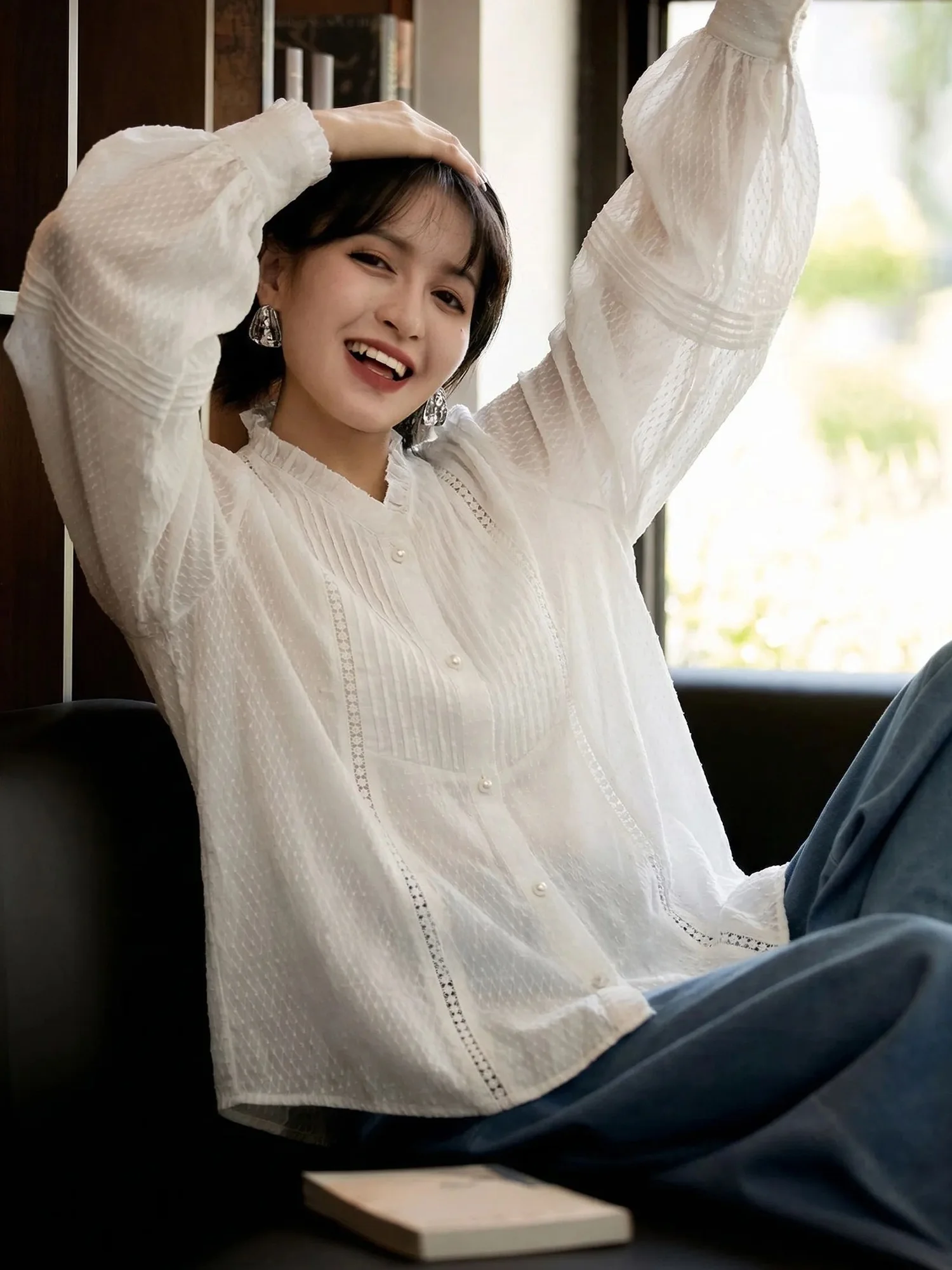 

Элегантная женская шелковая рубашка с длинным рукавом и рукавами-фонариками, приталенный дышащий топ Chivirin, летняя коллекция 2026, белая, повседневная одежда