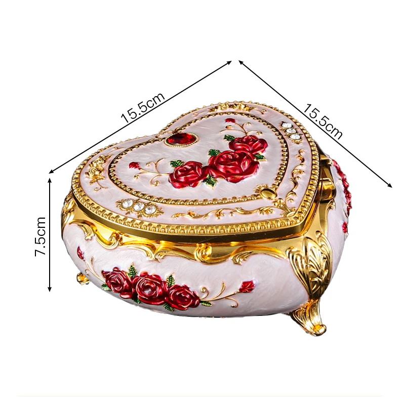 Classic Metal Jewelry Case with Rose Pattern Jewelry Storage Box for Ring Earrings Heart Shape Trinket Organizer Box with Mirror