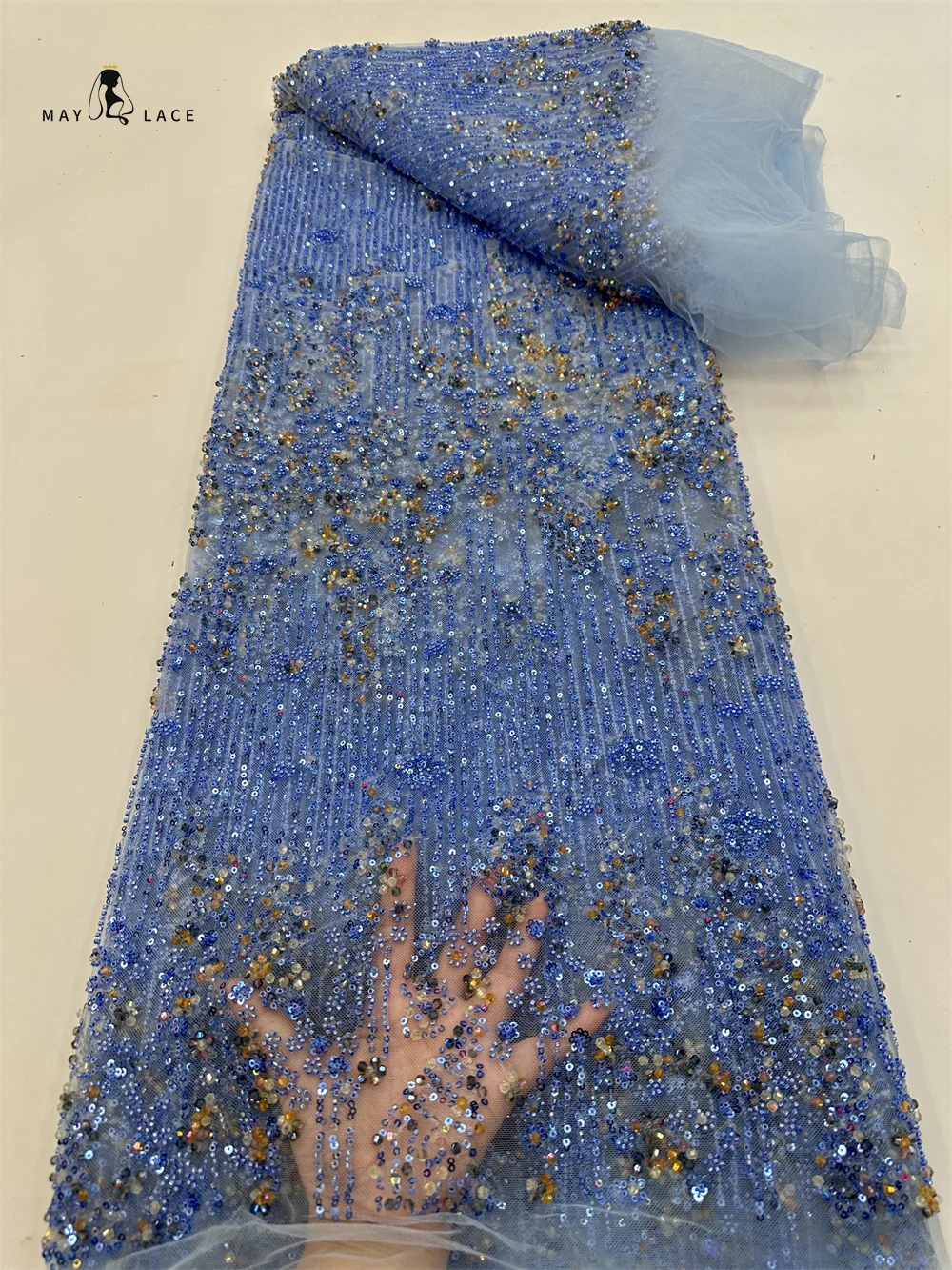 

African Beaded Lace Fabric 2025 High Quality French Luxury Beads Lace Nigerian Sequins Tulle Lace Fabrics for Wedding Dresses