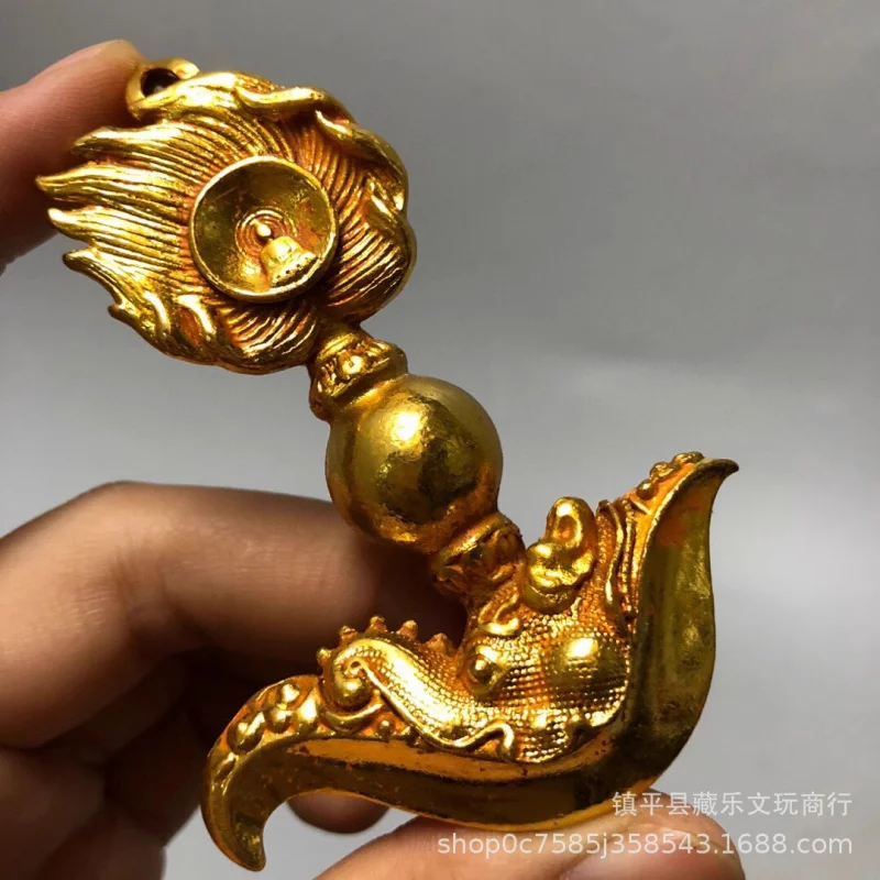 Antique Tibetan Tantric - scepter, craft item, human-faced , gold-plated dragon head vajra, decorative piec