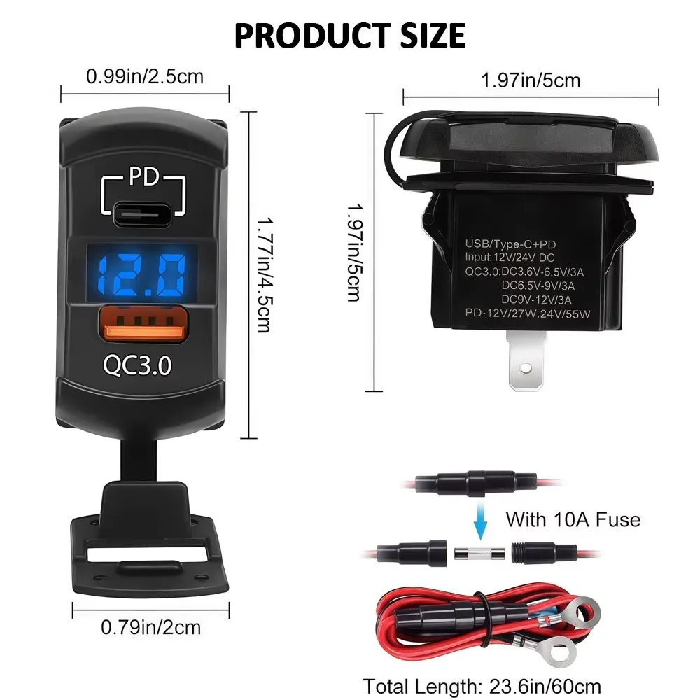 12V USB Rocker Switch Insert Type 36W USB A PD Outlet Socket w/ LED Voltage Display 18W QC3.0 Charger for Cars Truck Van Boat RV