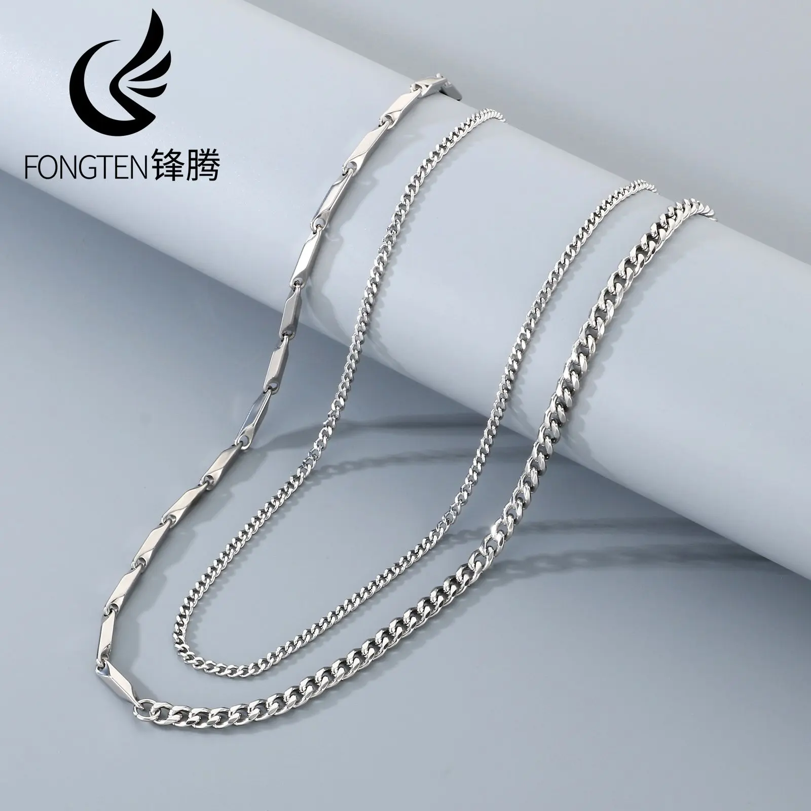Fongten Hip Hop Rock Stainless Steel LaLyered Men's Necklace Creative Splicing Chain Fashion Jewelry Party Friend's Gift