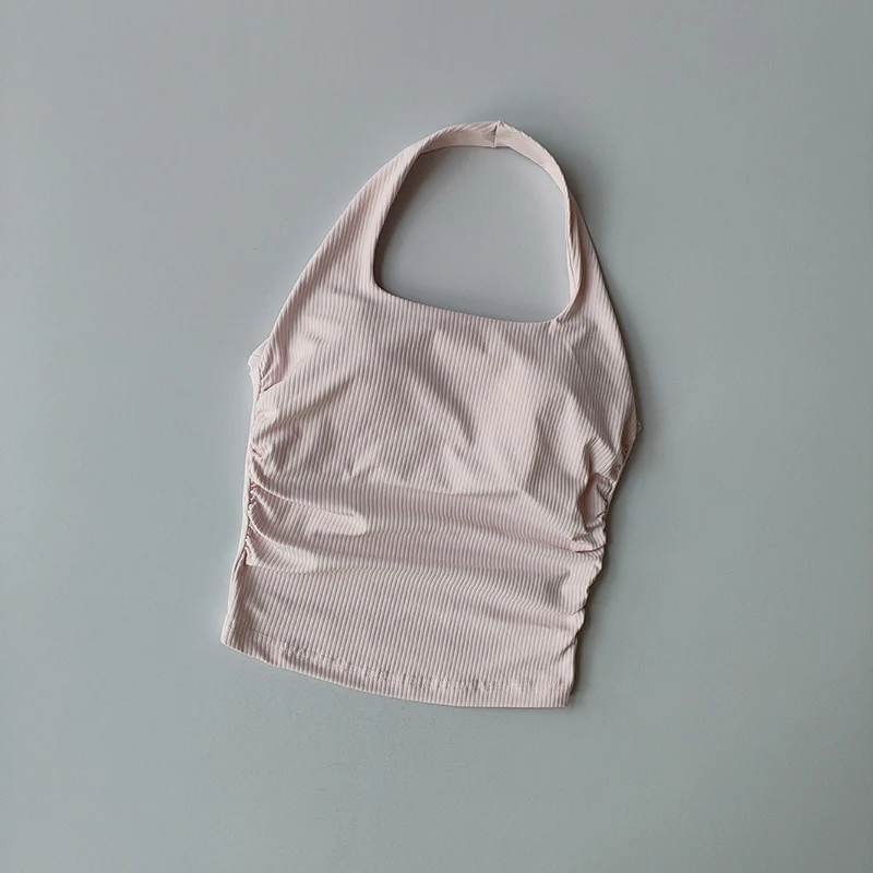 Kleines Neckholder-Top für Damen mit gerafftem Rücken, Sport-Lingerie, integriertes Yoga-Oberteil mit Brustpolster – Detail 9