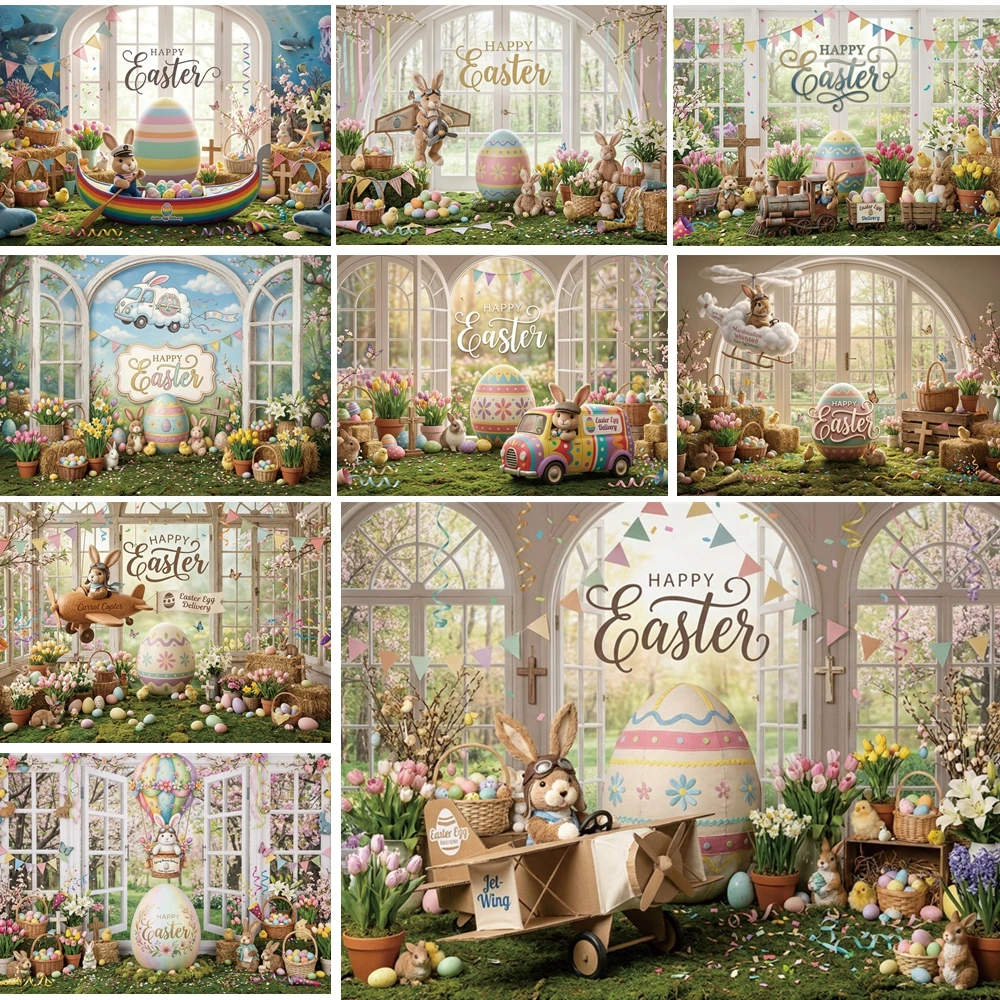 

MOON.QG Happy Easter Floral Window Background Photography Bunny Egg Flower Backdrop Product Wallpaper Photo Studio Photocall