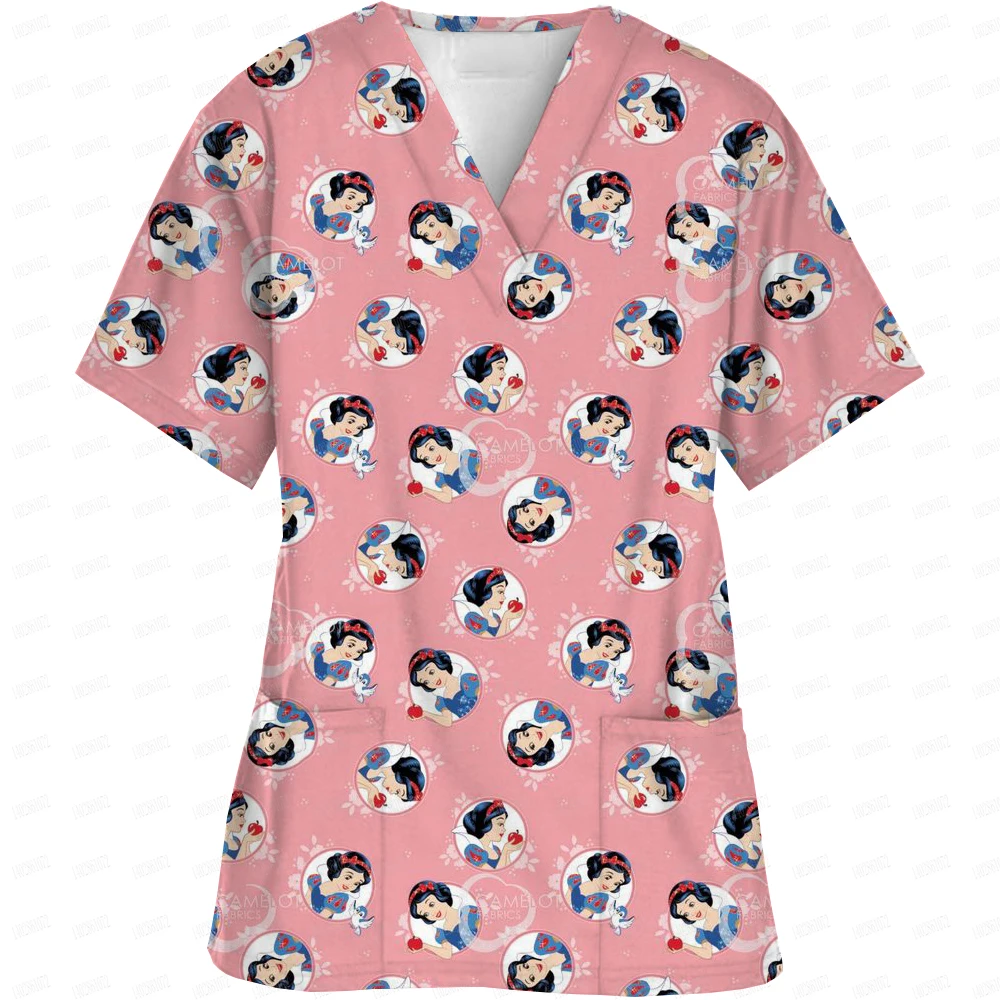 Women Working Uniform Disney Princess Print Frozen Elsa Short Sleeve V-neck Tops Femme Blouse Nurse work wear Medical Uniforms