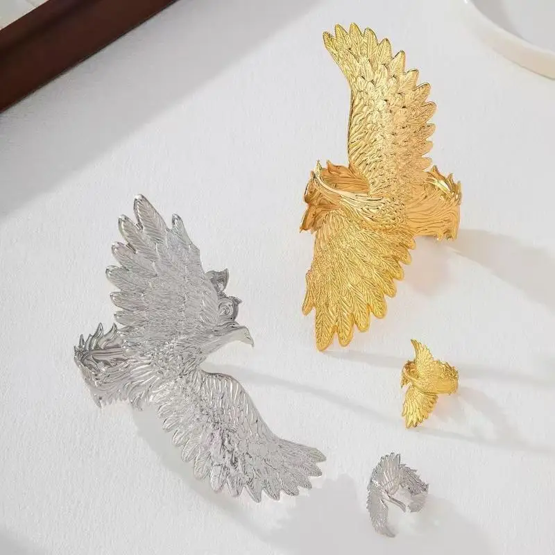 2 Pcs Gold Phoenix Cuff Bracelet Ring Set Exquisite Carved Details Adjustable Size Great For Party Prom Gift