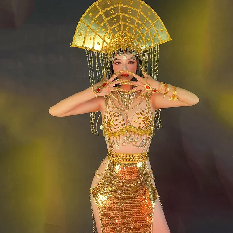 Egypt Dance Queen Nightclub Gogo Show Dancing Clothes Female Sexy Rhinestone Bikini Sequins Skirt Dancer Stage Outfit yj107