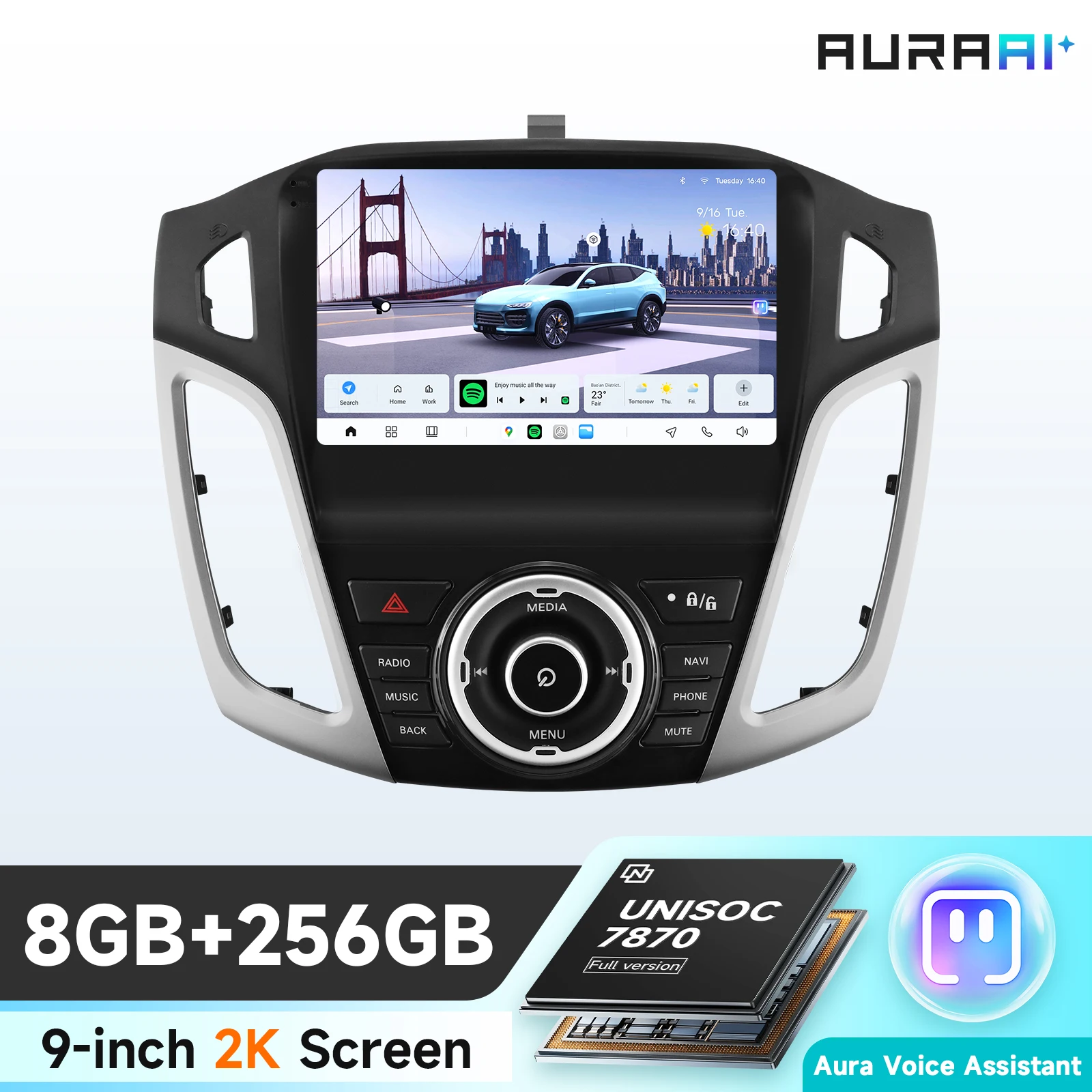 AURAAI Intelligent Android 13 Car Radio For Ford Focus 3 2011 - 2019 MK3 Carplay 4G ADAS DSD 360Camera 2K Screen 8G 256G UIS7870