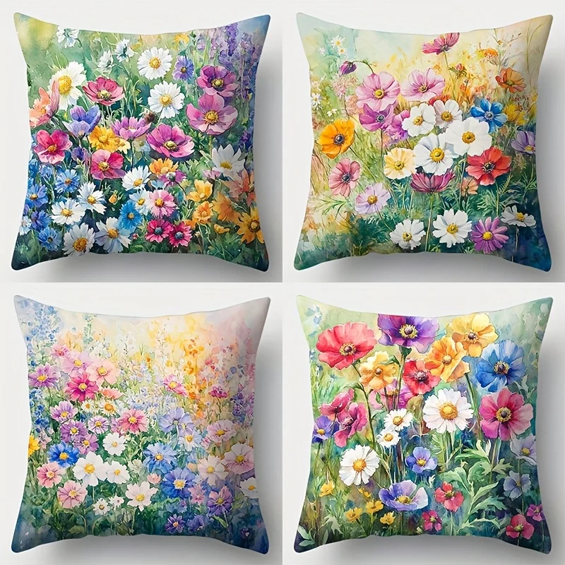 Luxury Floral Pillow Cover Set of 4 Watercolor Garden Throw Pillows Home Decor Accent Cushion Spring Bouquet Art