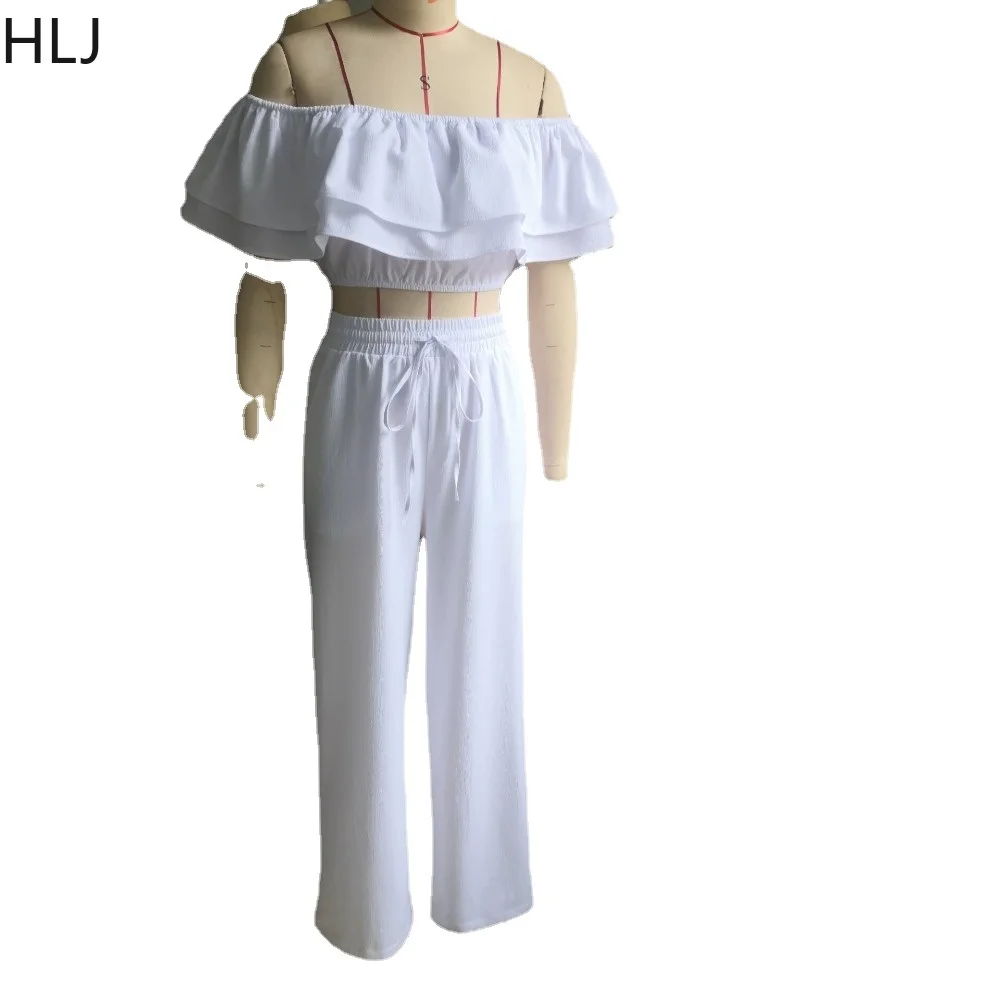 HLJ Elegant Lady Ruffle Design Wide Leg Pants Two Piece Sets Women Off Shoulder Crop Top And Pants Outfits Fashion OL Clothing