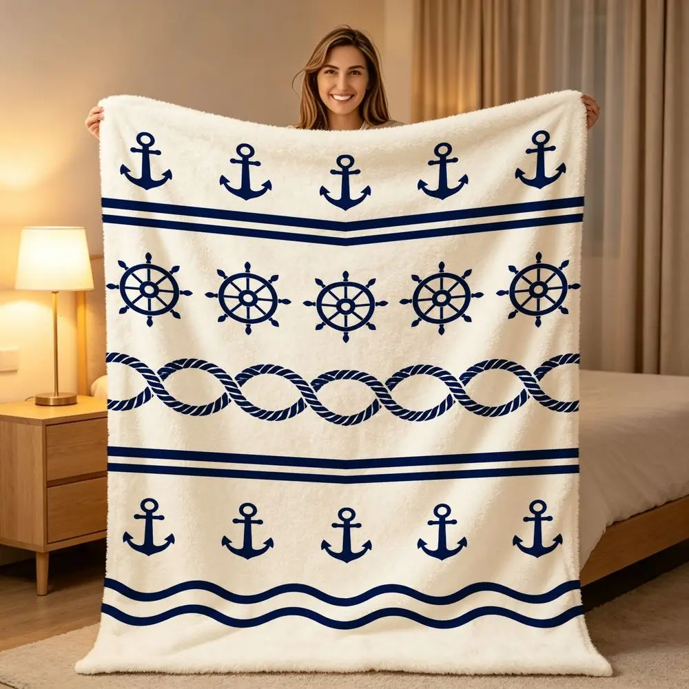 Nautical Anchor Ship Wheel Flannel Throw Blanket Navy Blue Ocean Sailor Wave Rope Print Soft Lightweight Blanket for Sofa Bed
